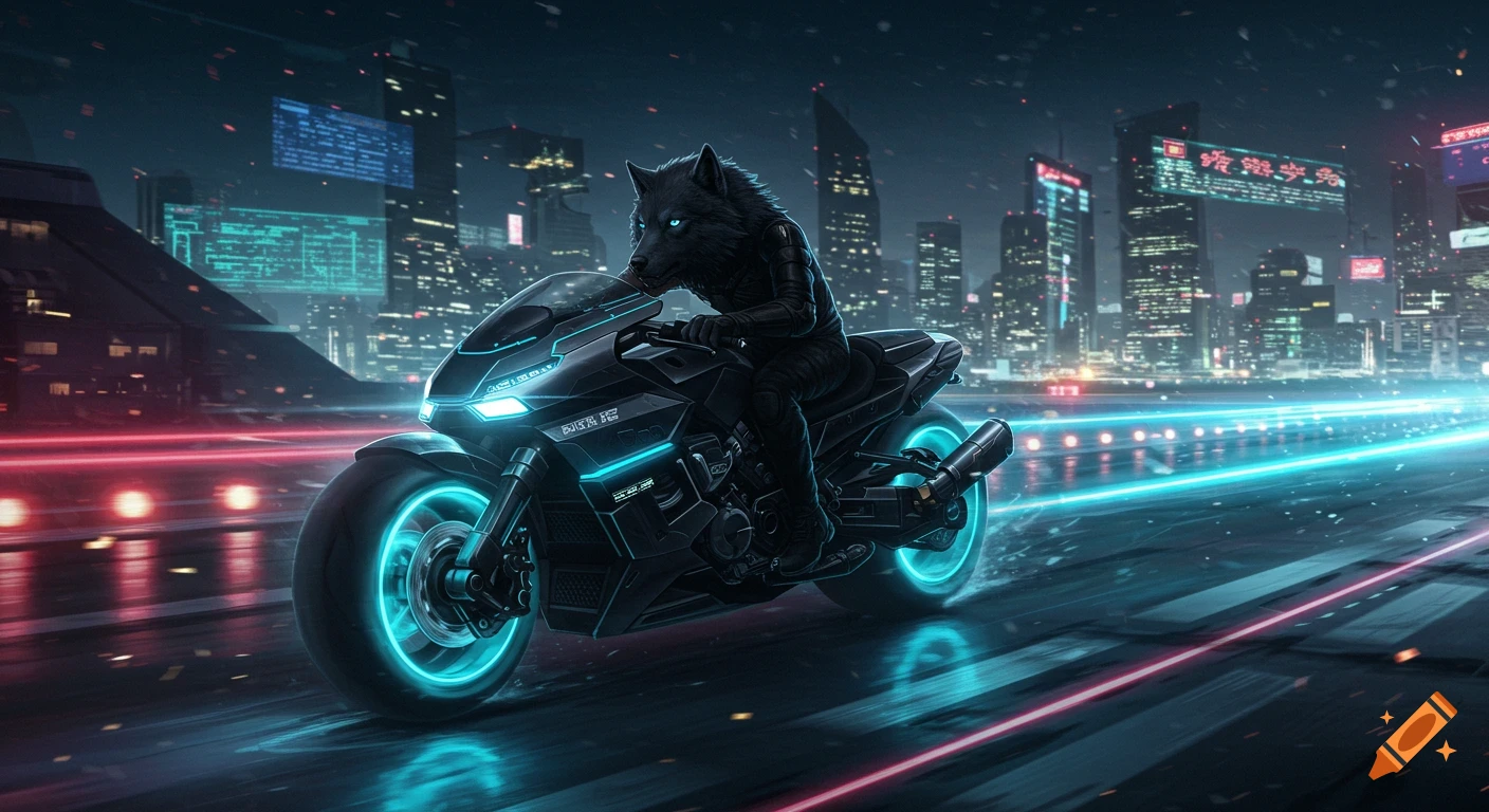 A stoic black dire wolf rides a sleek black and silver futuristic motorcycle with neon blue lights down a glowing road in a cyberpunk city at night. Digital art.