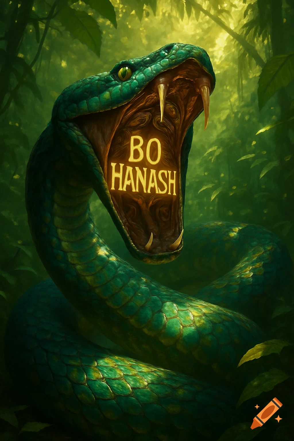 A close-up illustration of a large green snake with its mouth wide open, glowing text 'BO HANASH' inside, set in a dark jungle.