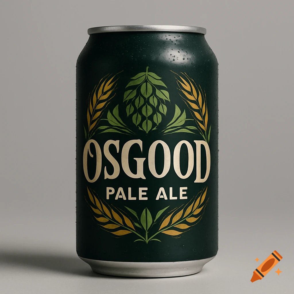 A photorealistic shot of a dark green beer can with water droplets, featuring a gold and green label that reads "OSGOOD PALE ALE."