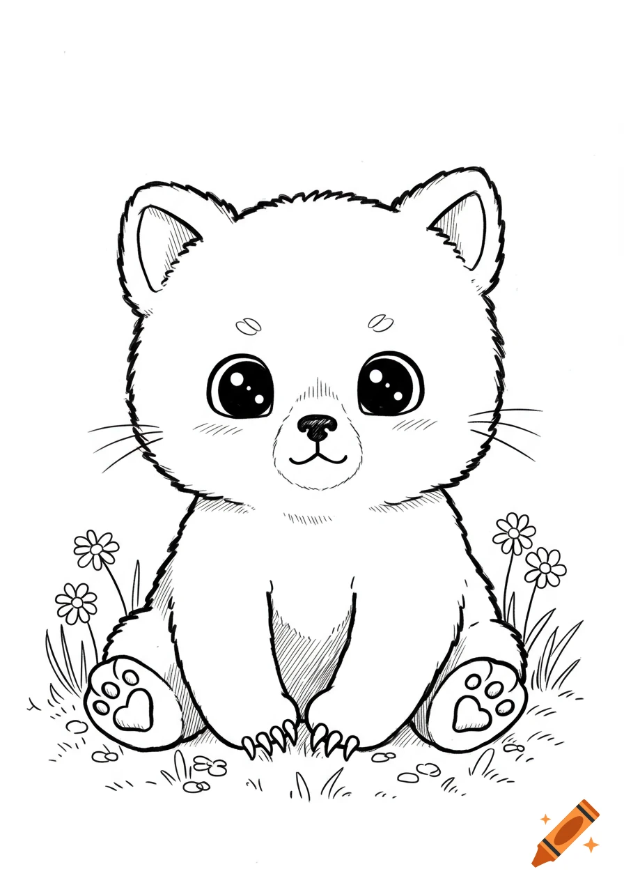 A black and white line art drawing of a cute, fluffy bear cub with large eyes and cat ears, sitting in grass with flowers.