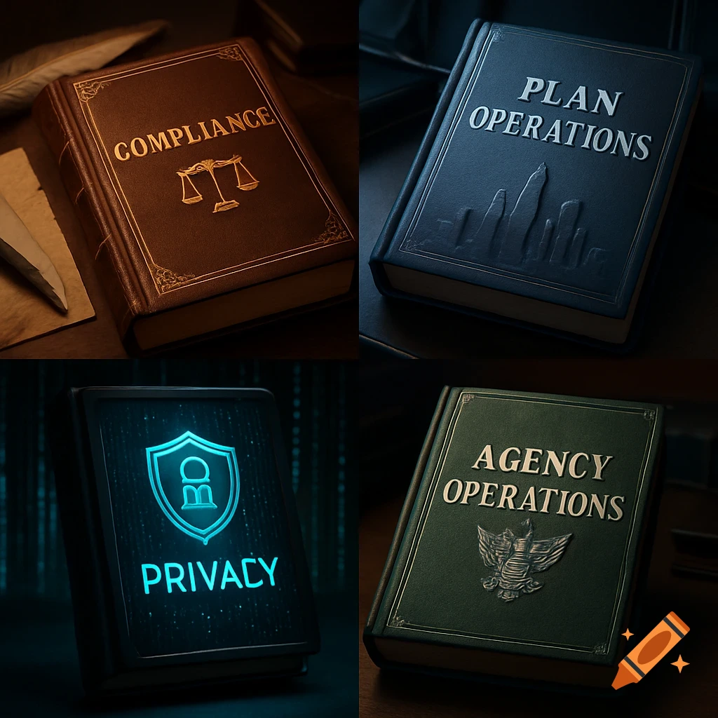 Four quadrants, each showing a different old-fashioned book. Titles read 'Compliance', 'Plan Operations', 'Privacy', and 'Agency Operations'.