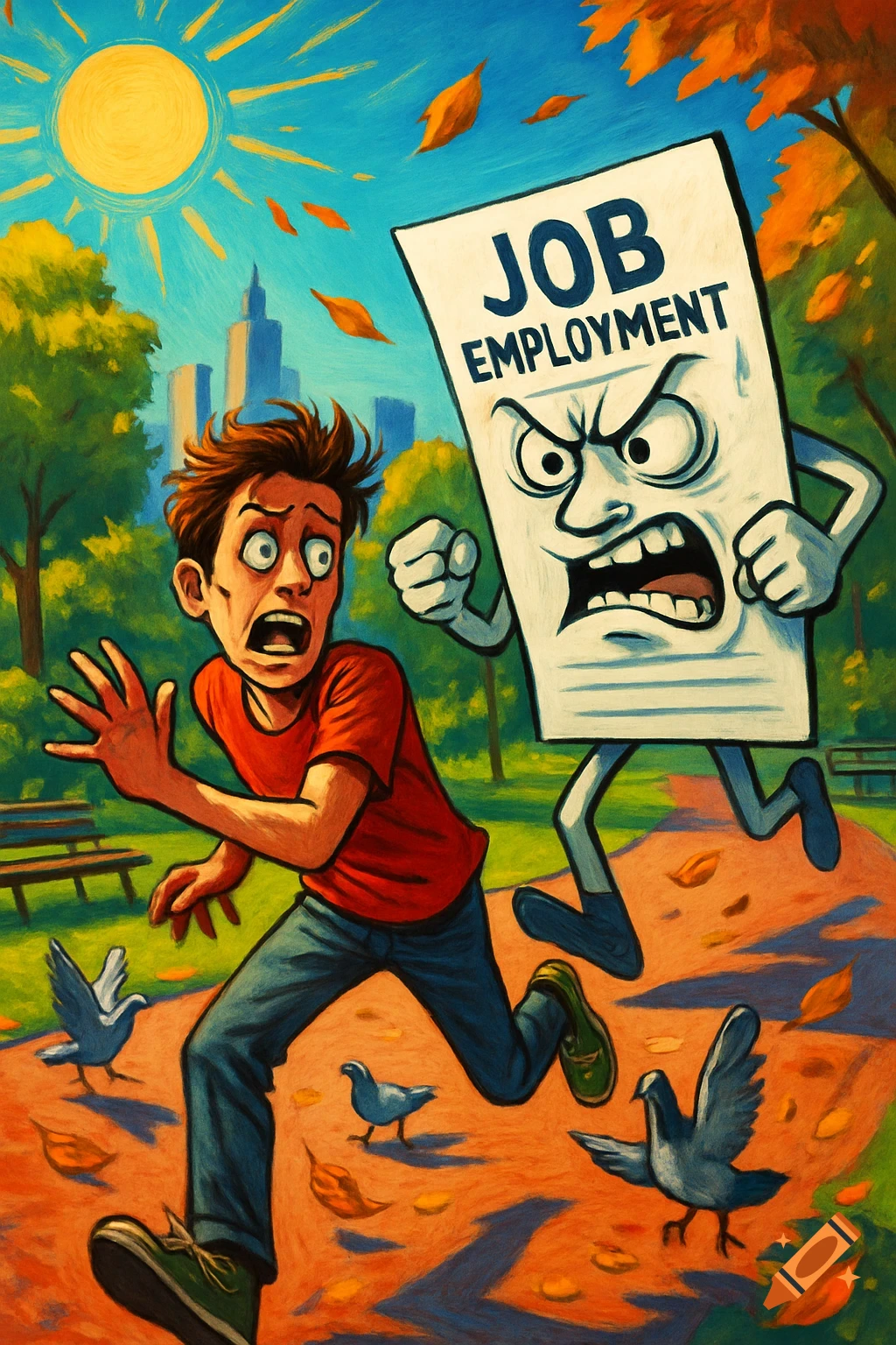 A cartoon man in red shirt and jeans runs in fear from an angry, anthropomorphic paper with 'JOB EMPLOYMENT' written on it in a park.