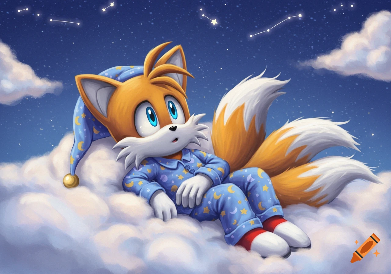 Tails from Sonic the Hedgehog lies on a cloud in blue pajamas, looking up at the starry night sky.