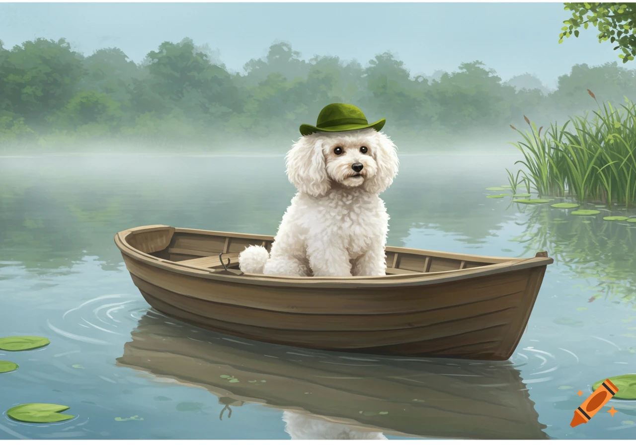 A fluffy white poodle wearing a green hat sits in a wooden rowboat on a calm lake surrounded by misty trees and lily pads.