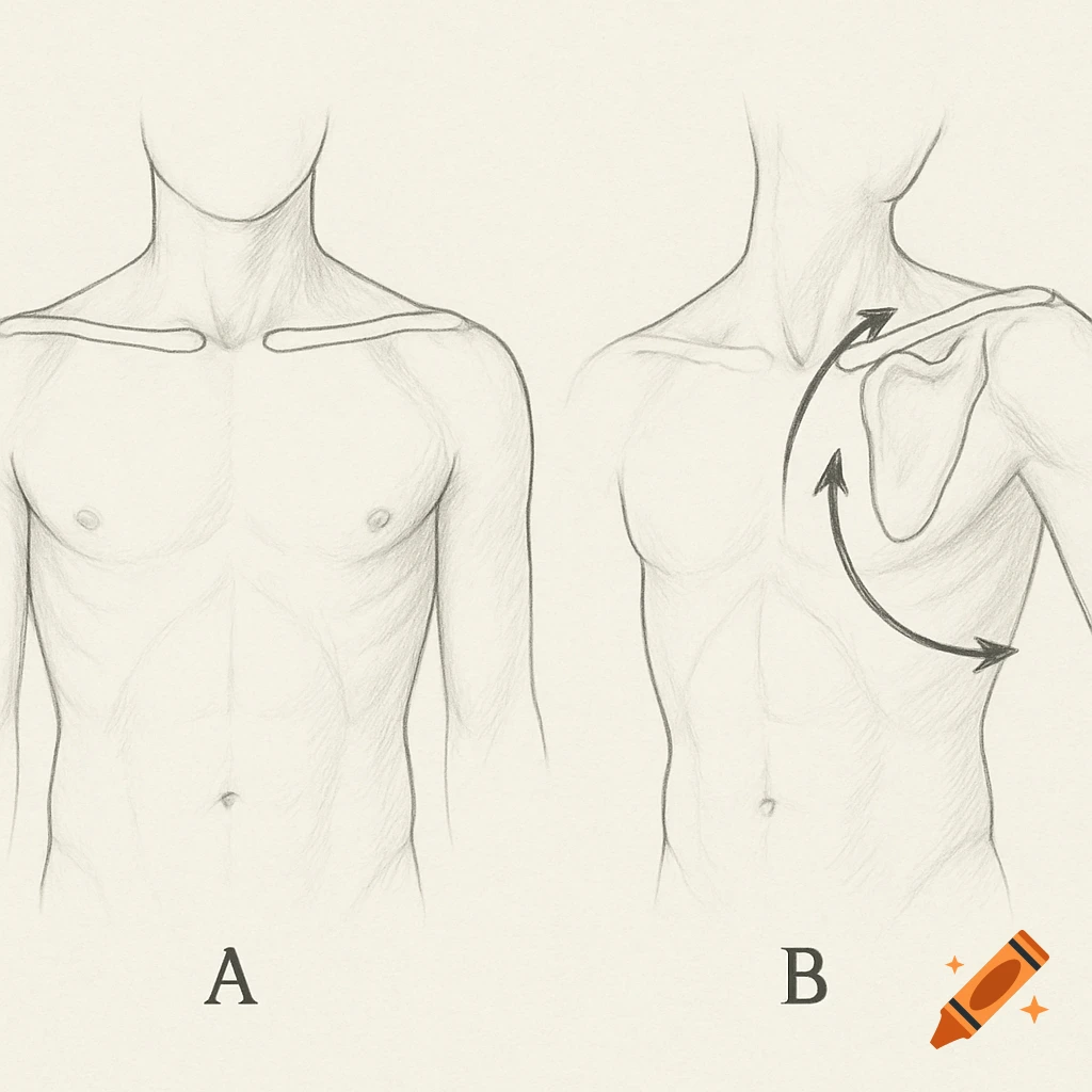 Pencil sketch diagram showing two stages of human upper body movement, labeled A and B, illustrating collarbone and shoulder blade motion.