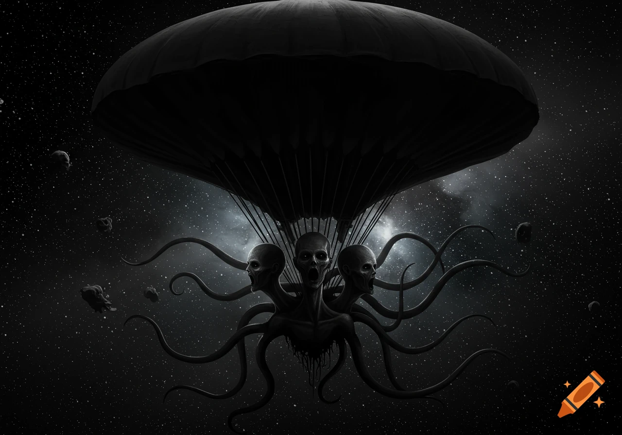 A dark, monstrous creature with three skull-like heads, tentacles, and a large black mantle floats in a starry space void.