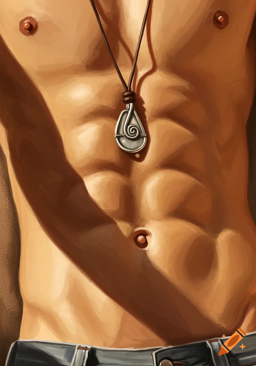 Closeup digital painting of a lean male torso with sculpted abs, a belly button, and a silver necklace with a spiral pendant.