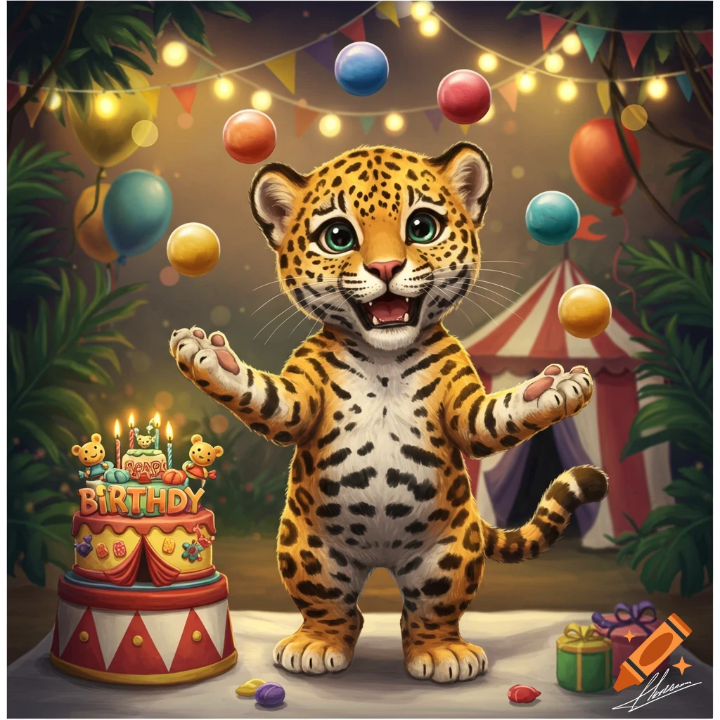 A cute baby jaguar juggles colorful balls in a vibrant circus tent setting with a birthday cake.