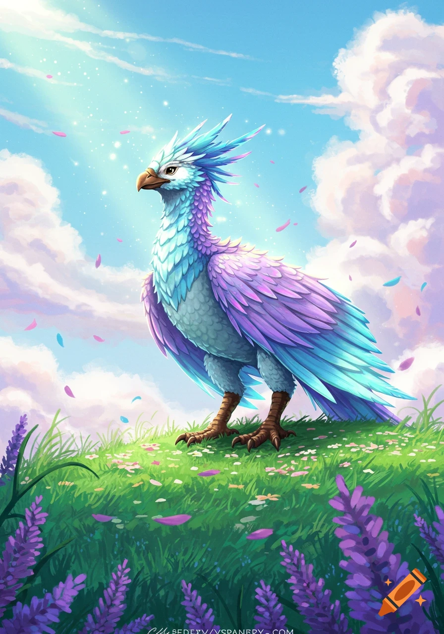 A vibrant fantasy bird with teal and purple feathers stands on a green hill with purple flowers under a blue sky with clouds and falling petals. Illustrated style.