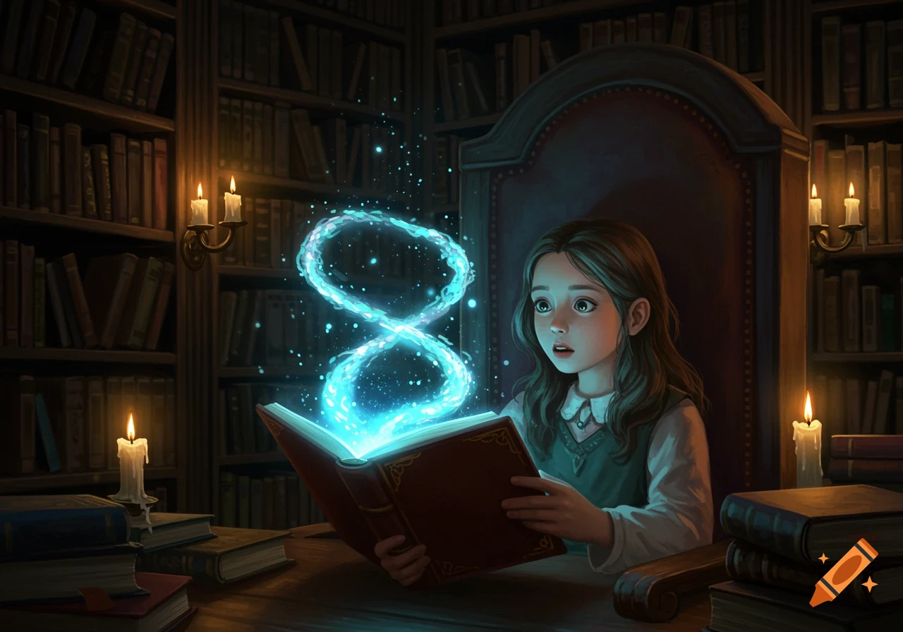 A young girl with wide eyes reads a glowing magic book in a dimly lit library, an ethereal blue infinity symbol floats above the pages.