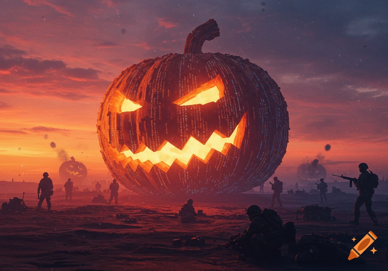 A massive, glowing jack-o'-lantern made of code-like patterns looms over soldiers on a battlefield at dramatic sunset, with smaller pumpkins in the distance. Digital art.