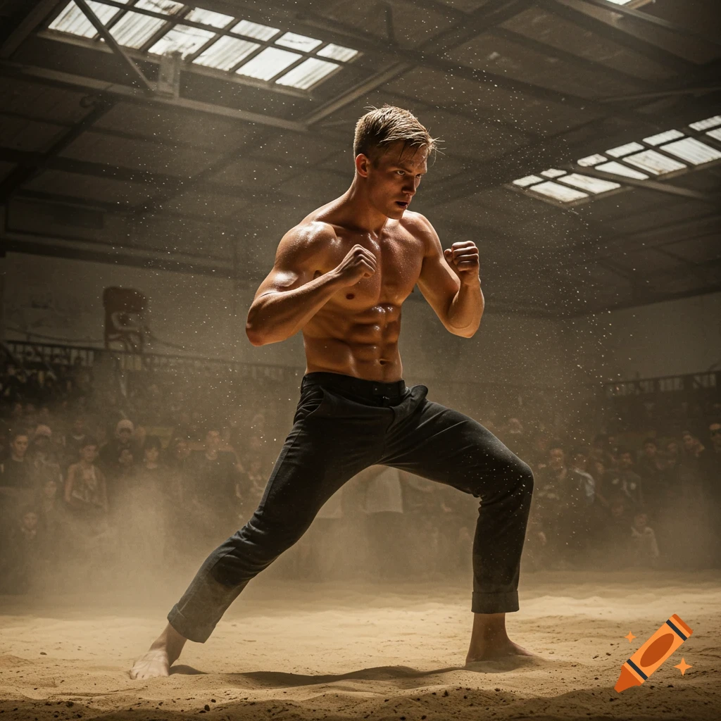 A muscular, shirtless young man in dark pants in a fighting stance in a dusty, sand-filled arena, with a blurred crowd in the background.