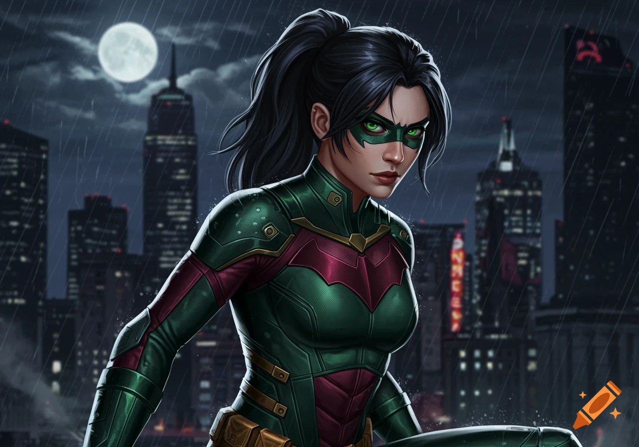 A female superhero in a green and red suit with a bat symbol, a black ponytail, and green eyes, stands in a rainy city at night under a full moon.