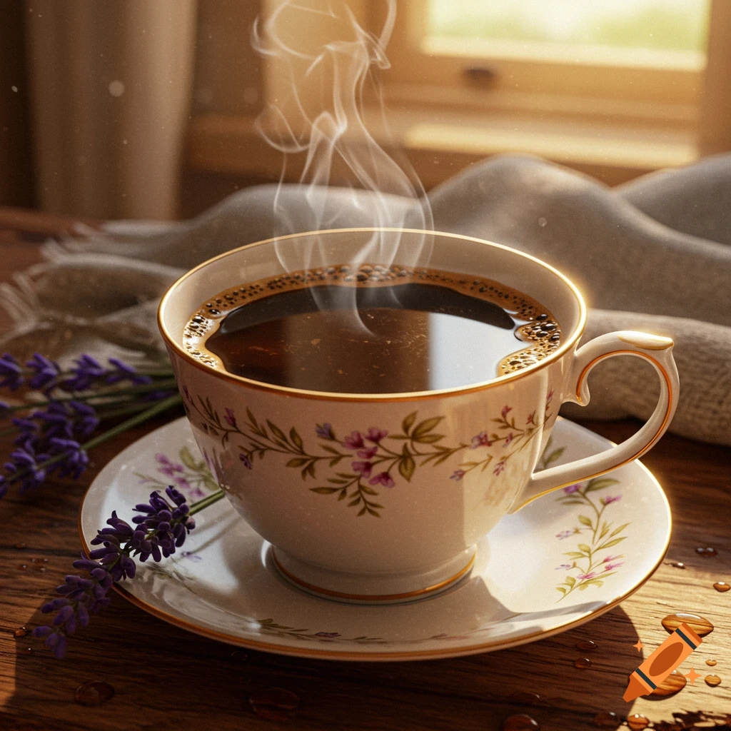 Steaming cup of coffee with lavender on a wooden table by a sunny window.