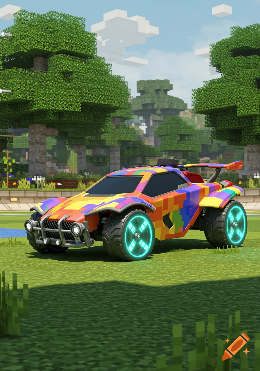 A vibrant, pixelated Rocket League car with glowing blue wheels sits on a grassy field in a Minecraft-style world.