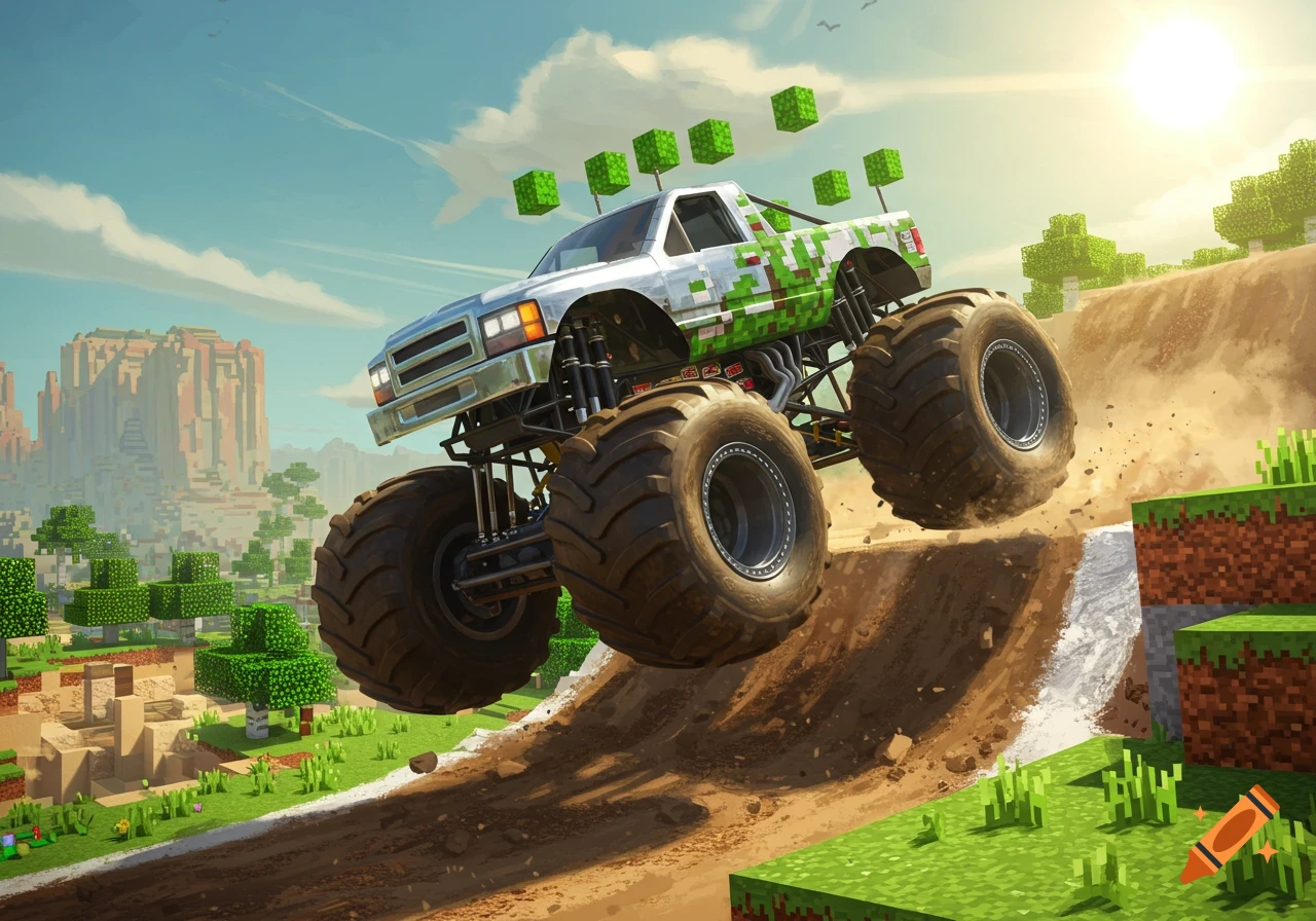 A silver monster truck with pixelated green sides jumps over a dirt ramp in a sunny Minecraft landscape with floating green cubes.