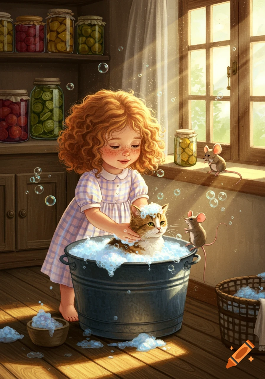 A red-haired girl washes a cat in a bucket, with mice watching, in a sunlit, illustrated kitchen.