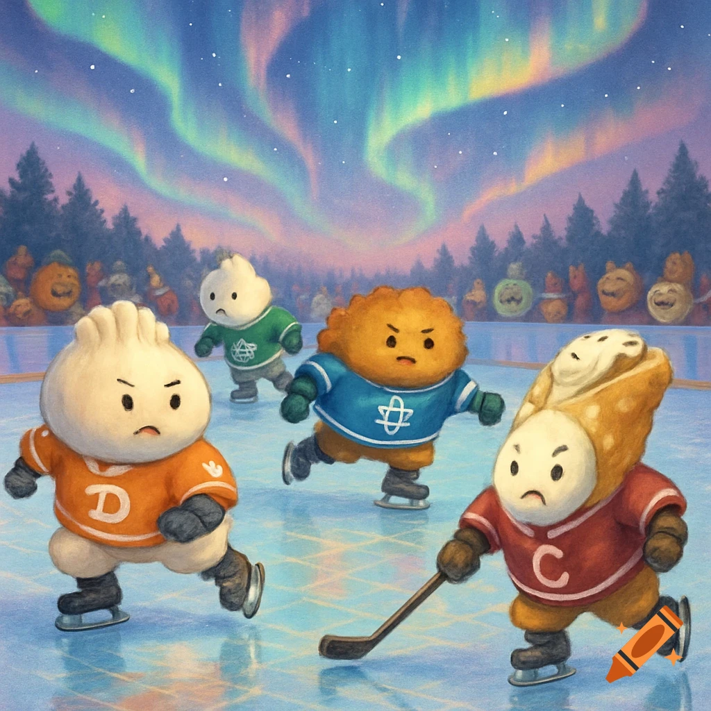 Cute anthropomorphic food characters play ice hockey under the aurora borealis, featuring a dumpling, a latke-like patty, and a cannoli.