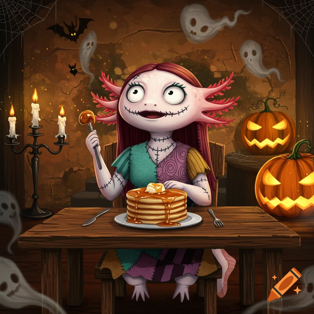 A cartoon axolotl dressed as Sally from Nightmare Before Christmas eats pancakes in a Halloween room with jack-o'-lanterns and ghosts.