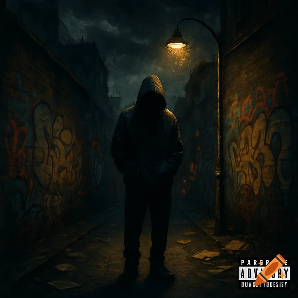 A hooded figure stands in a dark, graffiti-covered urban alley under a street lamp, in a gritty, album cover style.