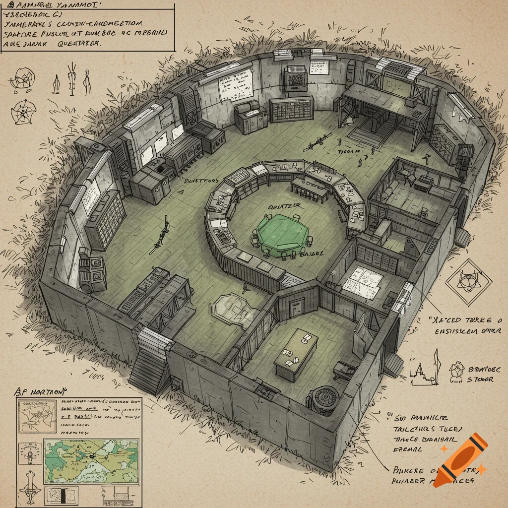 Detailed isometric sketch of a military bunker floor plan on an old paper background with handwritten notes.