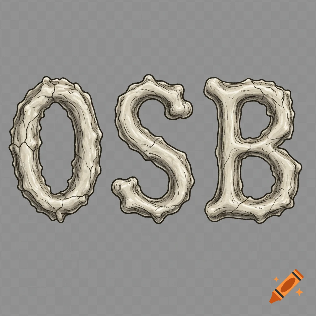 The letters O, S, B rendered in a gnarled, cracked bone texture with dark outlines on a transparent background.