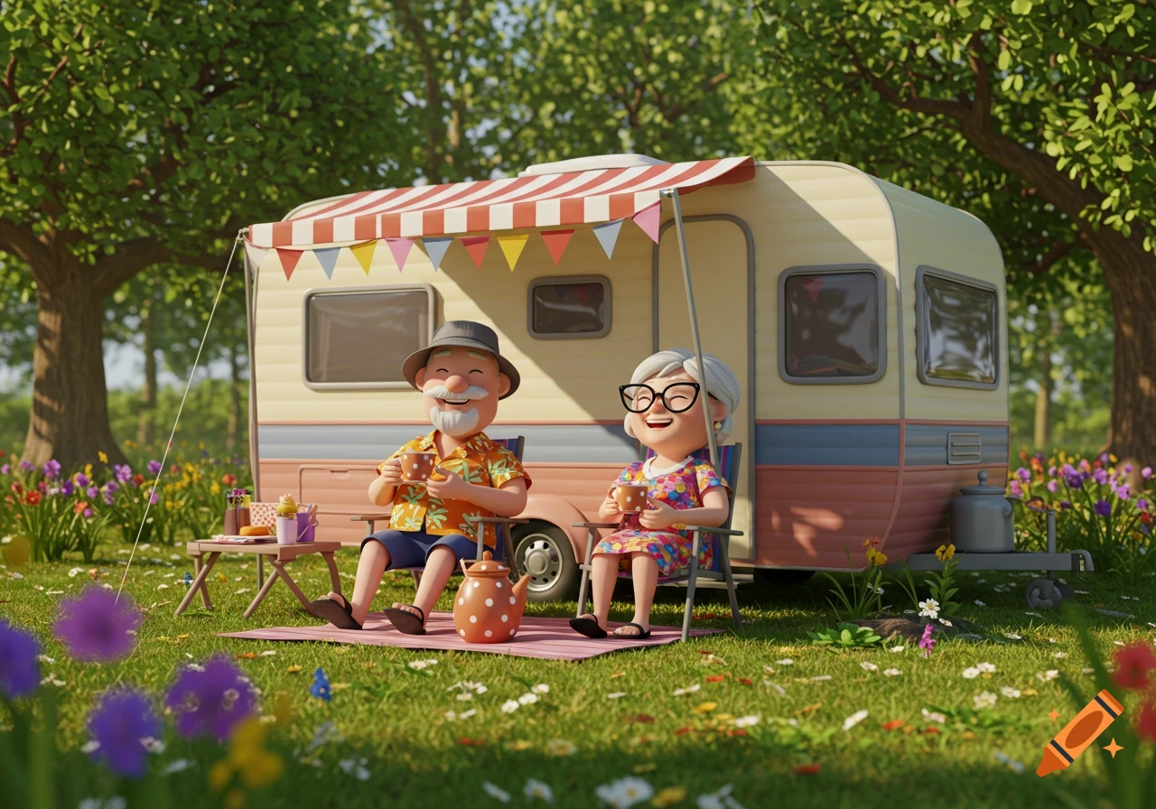 A happy 3D cartoon elderly couple relaxes in chairs with tea under their caravan's awning in a sunny, grassy field.