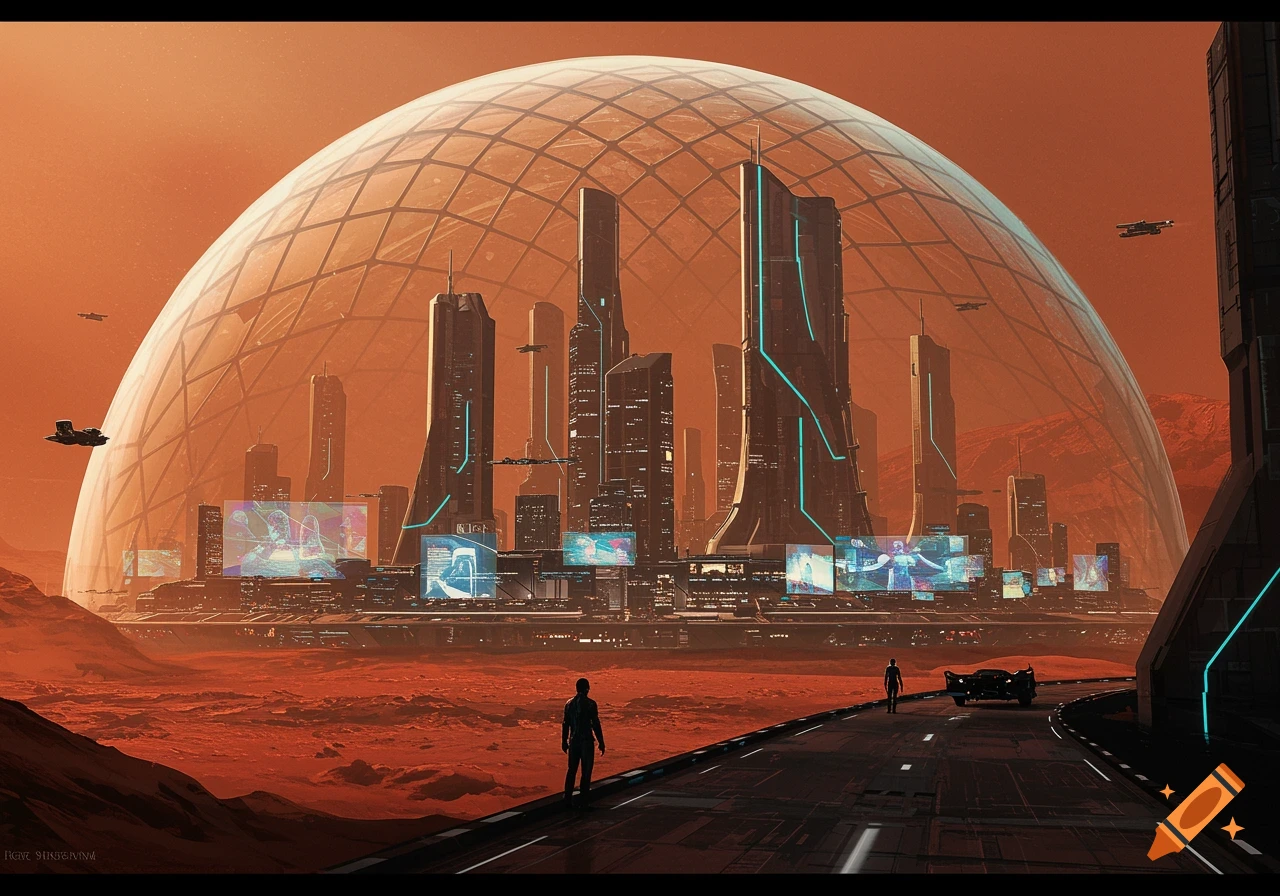 A sprawling futuristic city under a vast glass dome on the red Martian landscape, with two figures on a road in the foreground and flying vehicles in the sky. The city buildings glow with blue lights.