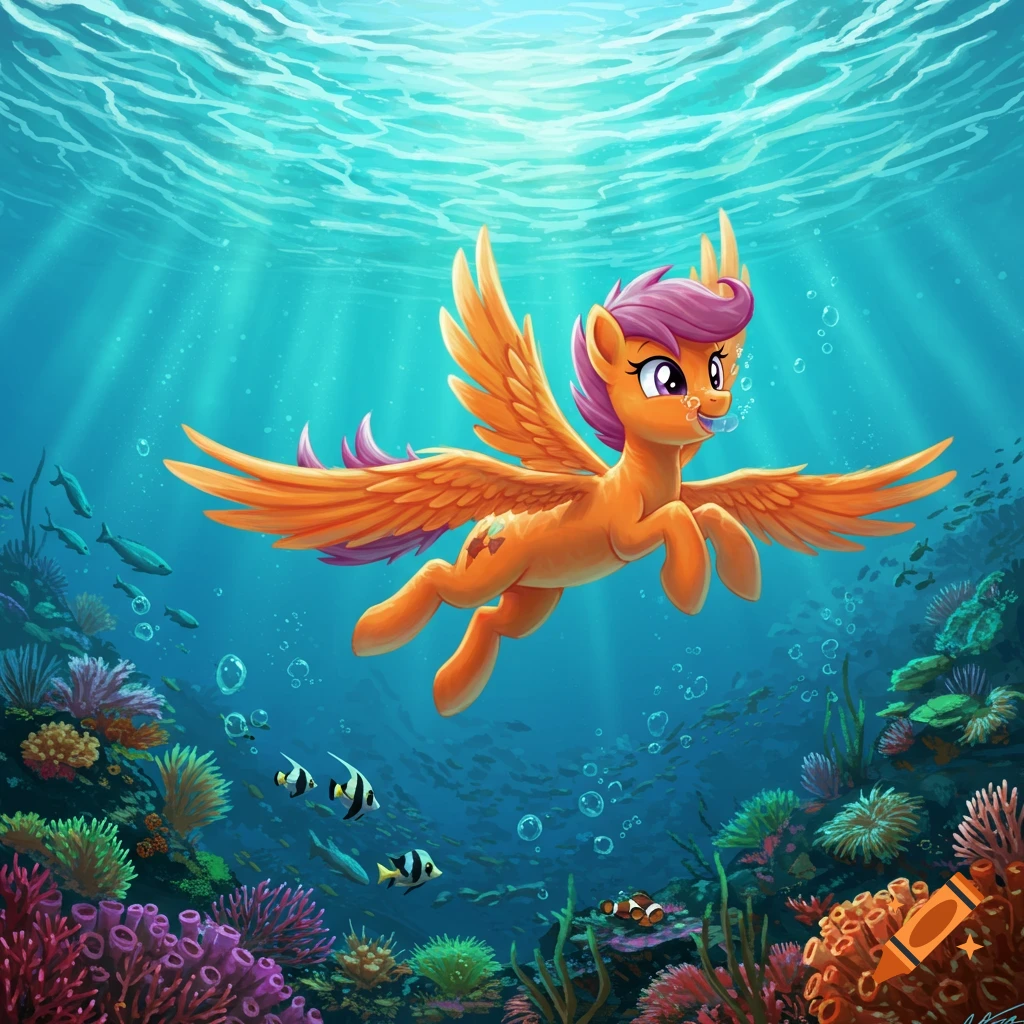 A winged orange pony with a pink mane swims gracefully through a vibrant coral reef, with light rays shining from the water's surface.