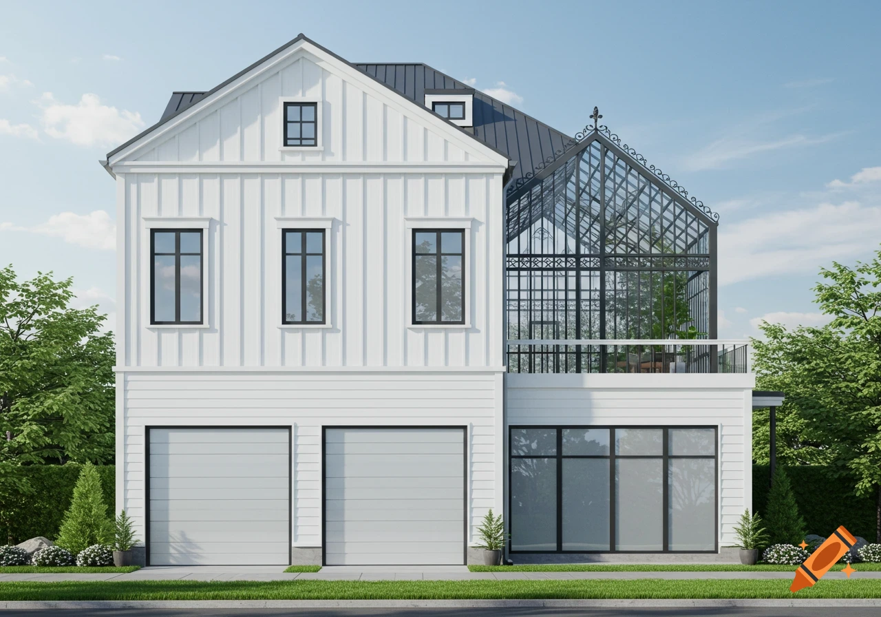 A modern white two-story house with a black roof and black trim, featuring two garage doors, several windows, and a large glass greenhouse section.