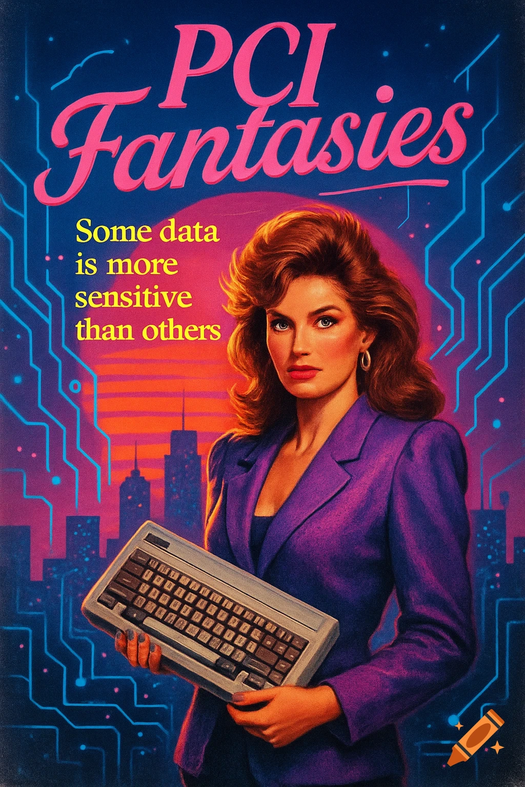 A woman in a purple blazer holds a retro keyboard in a neon, 1980s-style cityscape with circuit lines. Text: 'PCI Fantasies'.