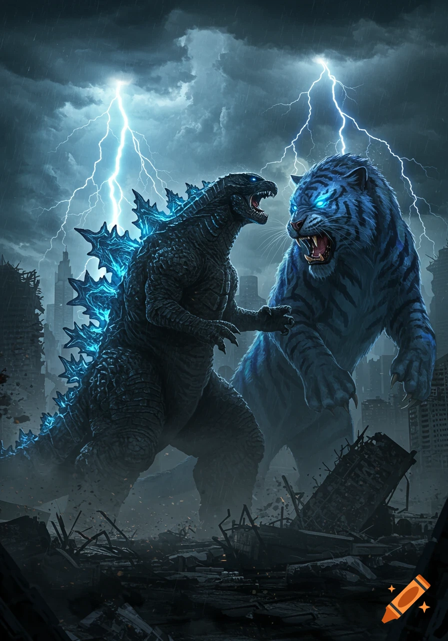 Godzilla and a blue tiger-like monster roar at each other amidst a destroyed city under a stormy, lightning-filled sky.