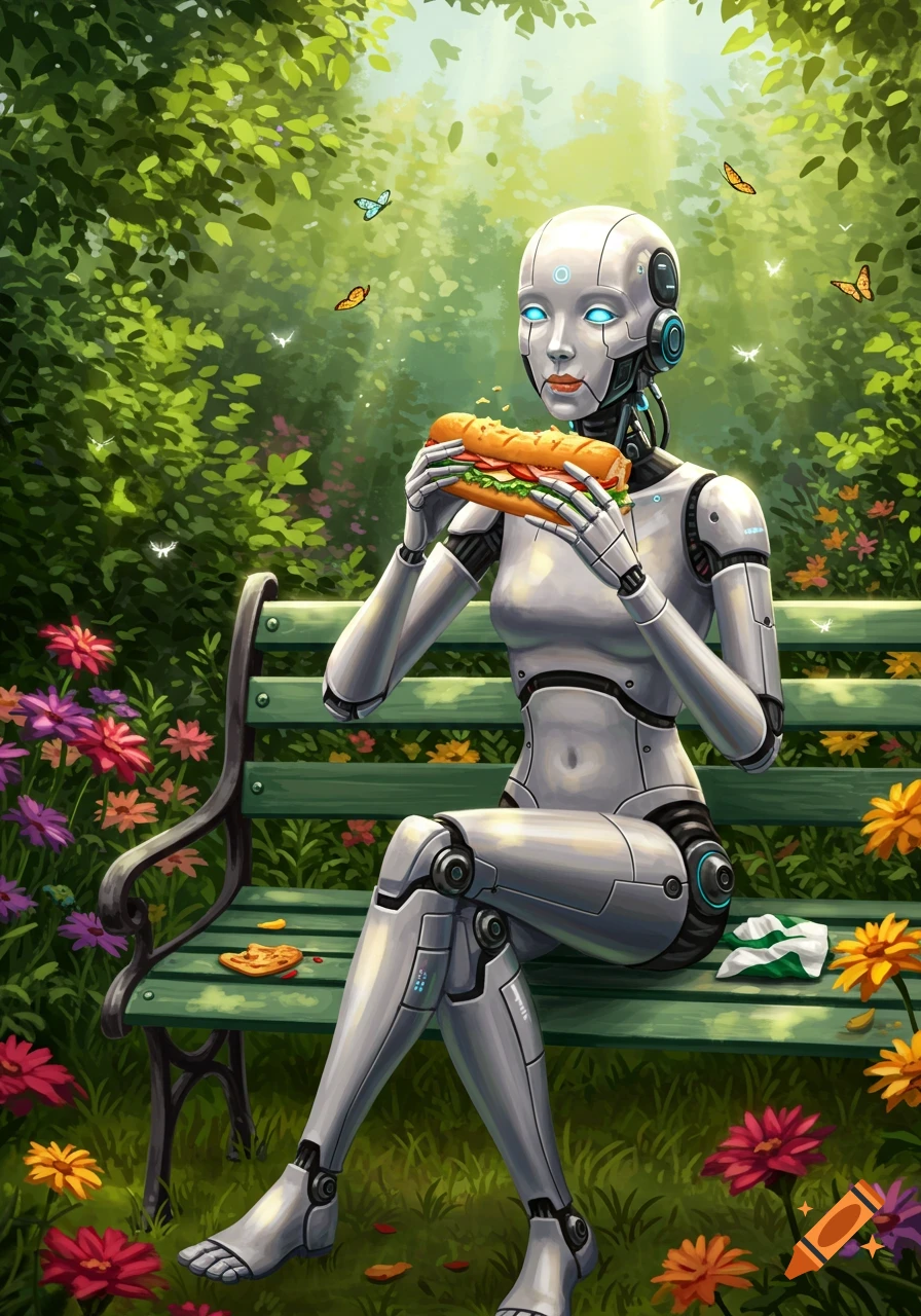 A female-coded robot sits on a park bench in a vibrant garden, holding a submarine sandwich. Butterflies flutter around.