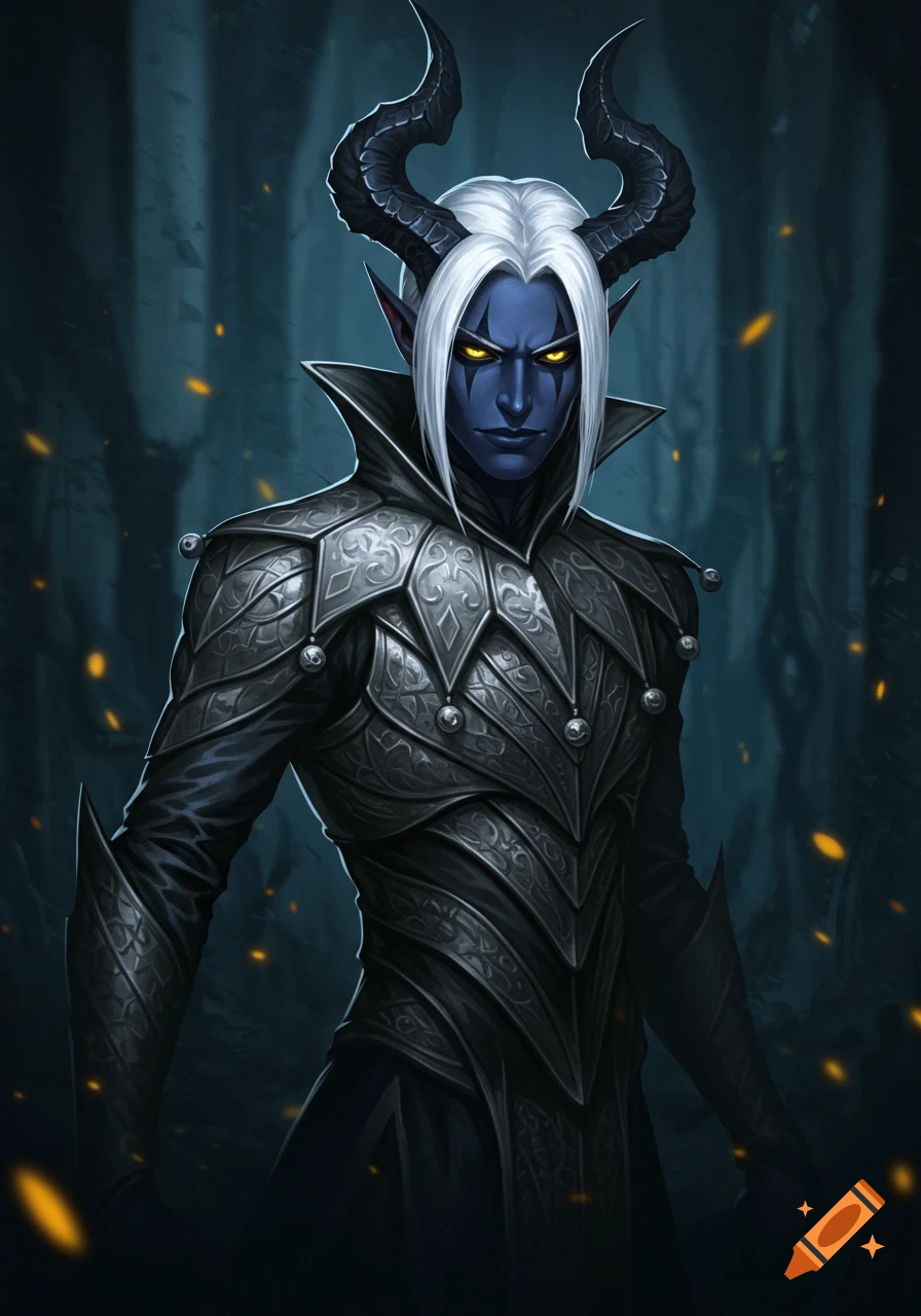 A striking blue-skinned demon with white hair, black horns, and glowing yellow eyes, clad in elaborate dark steel armor, stands in a dimly lit forest.