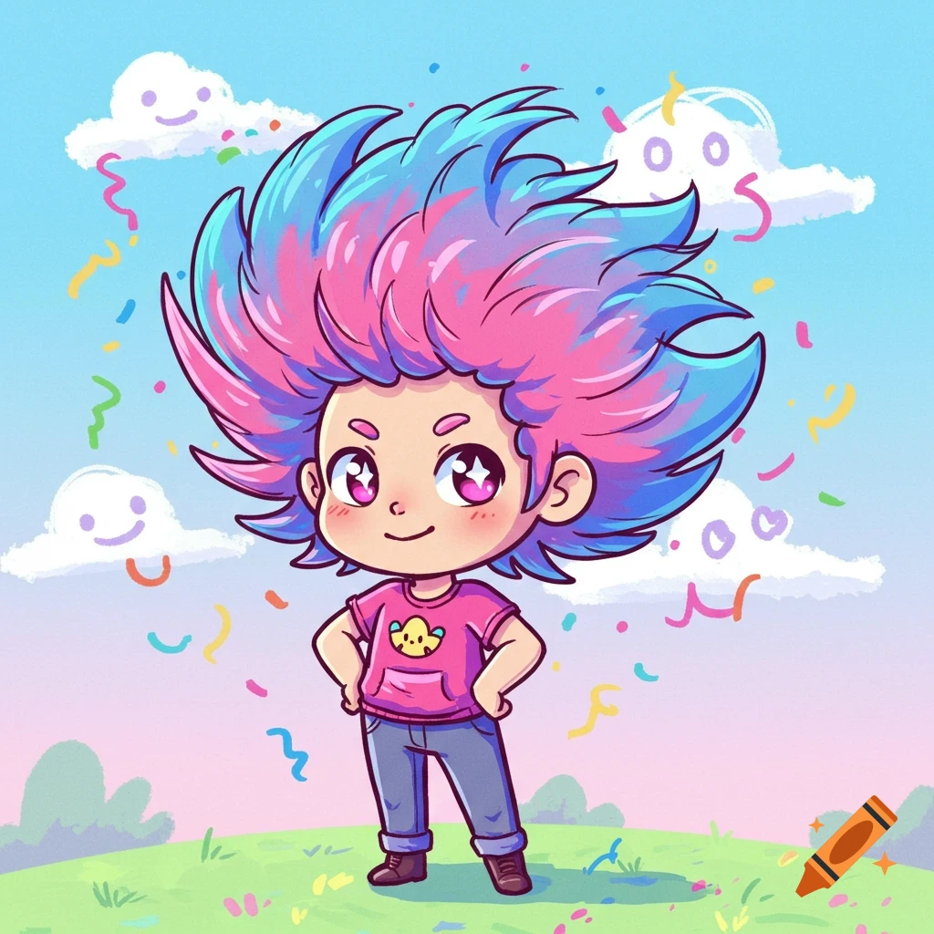 A cartoon chibi character with spiky pink and blue hair, pink shirt, and blue jeans stands in a field with confetti and smiling clouds.