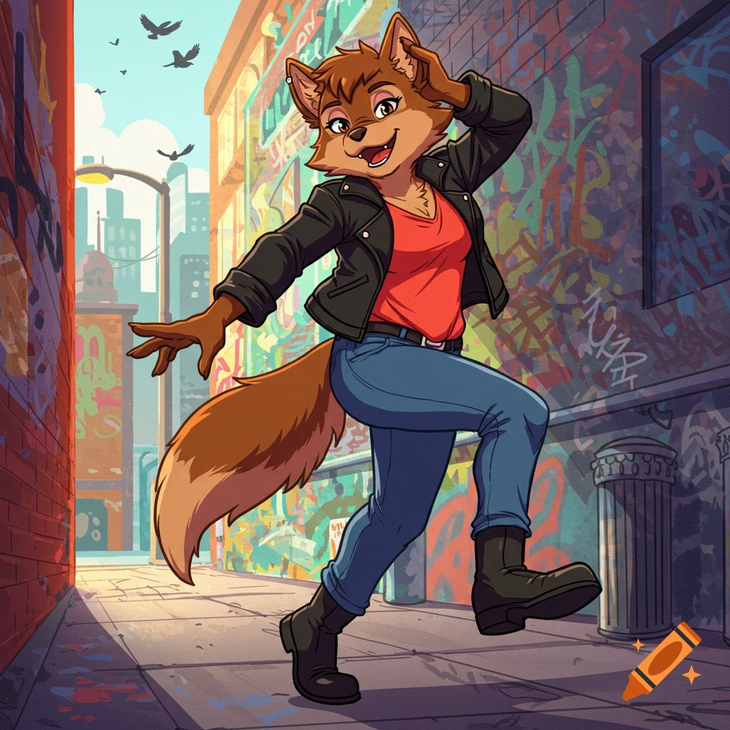 A cartoon anthropomorphic brown wolf in a red shirt, black leather jacket, jeans, and boots poses in a graffiti-covered alley.