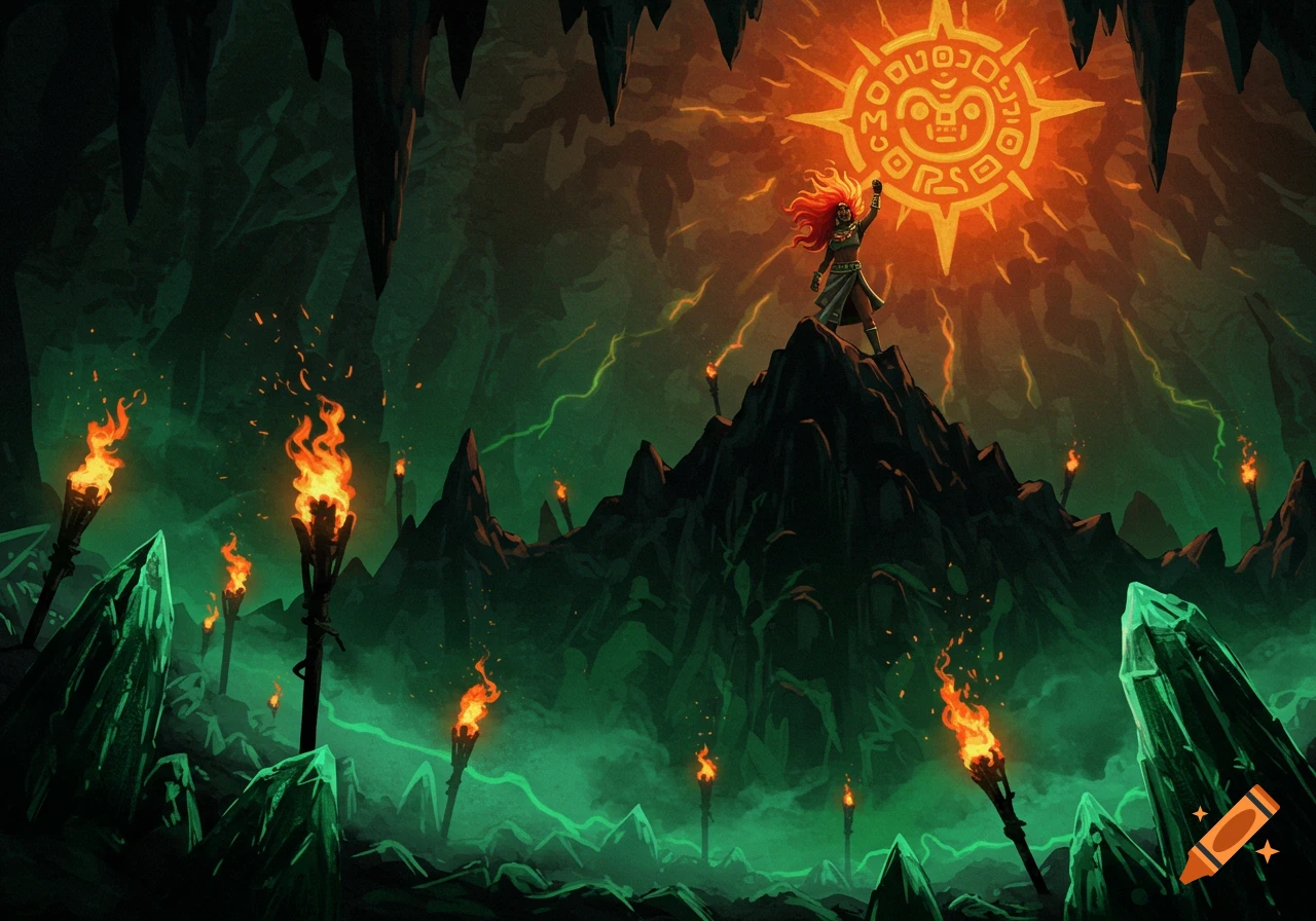 A fiery-haired woman stands atop a dark mountain in a glowing green cave, beneath a glowing Aztec sun symbol, surrounded by lit torches.