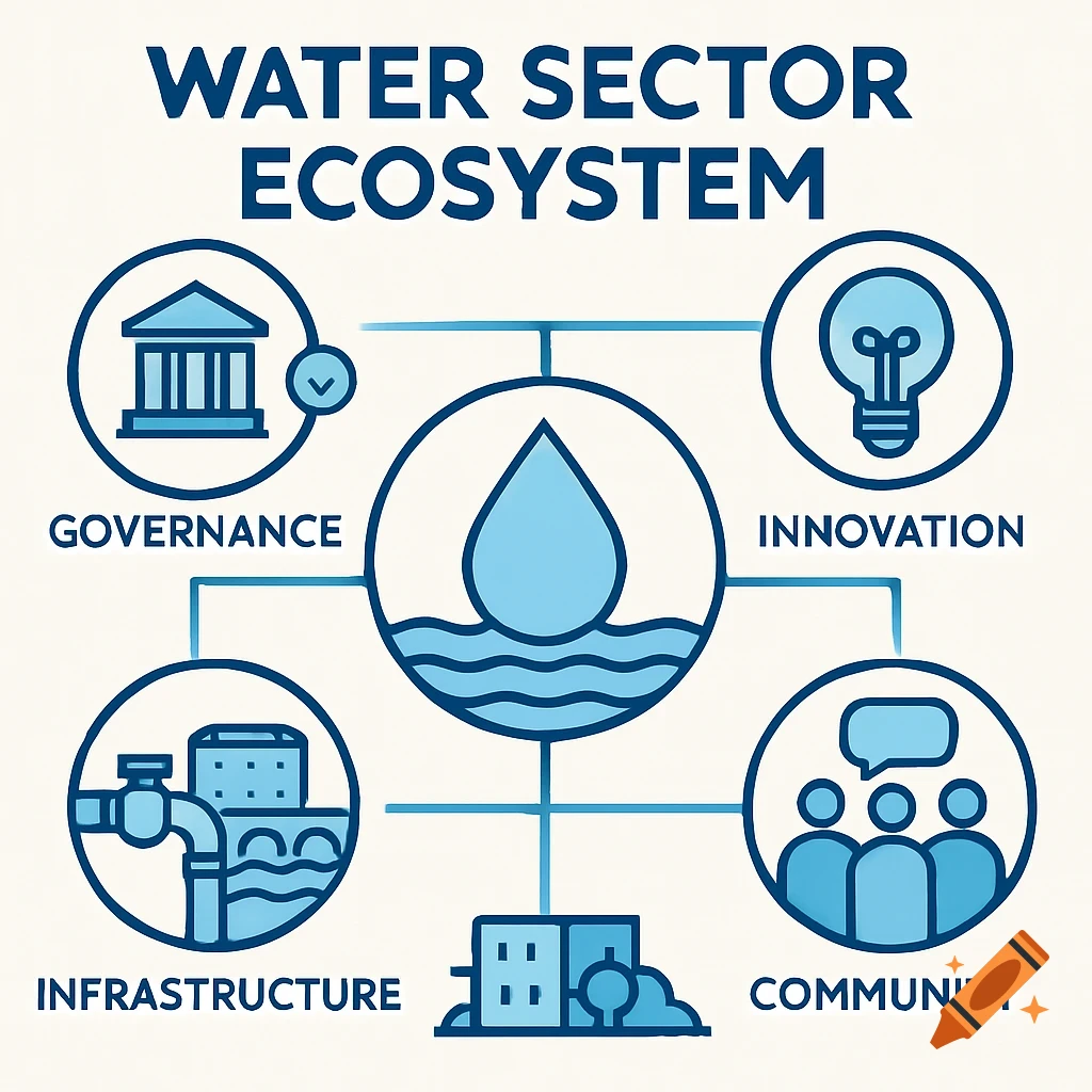 Clean, modern, blue and white diagram illustrating the water sector ecosystem with icons for governance, innovation, infrastructure, and community.