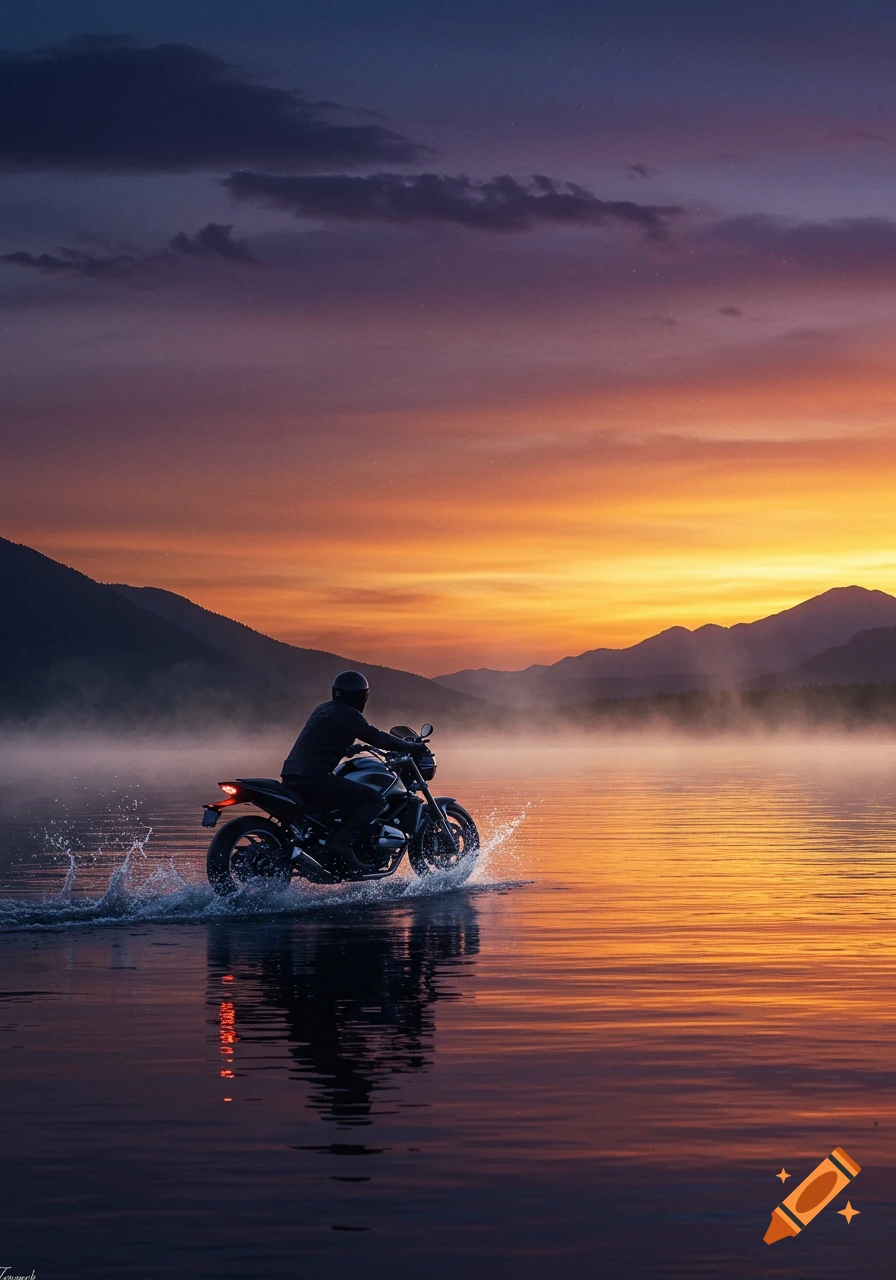 A person rides a motorcycle through a misty lake, creating splashes, against a vibrant orange and purple sunset sky with mountains.