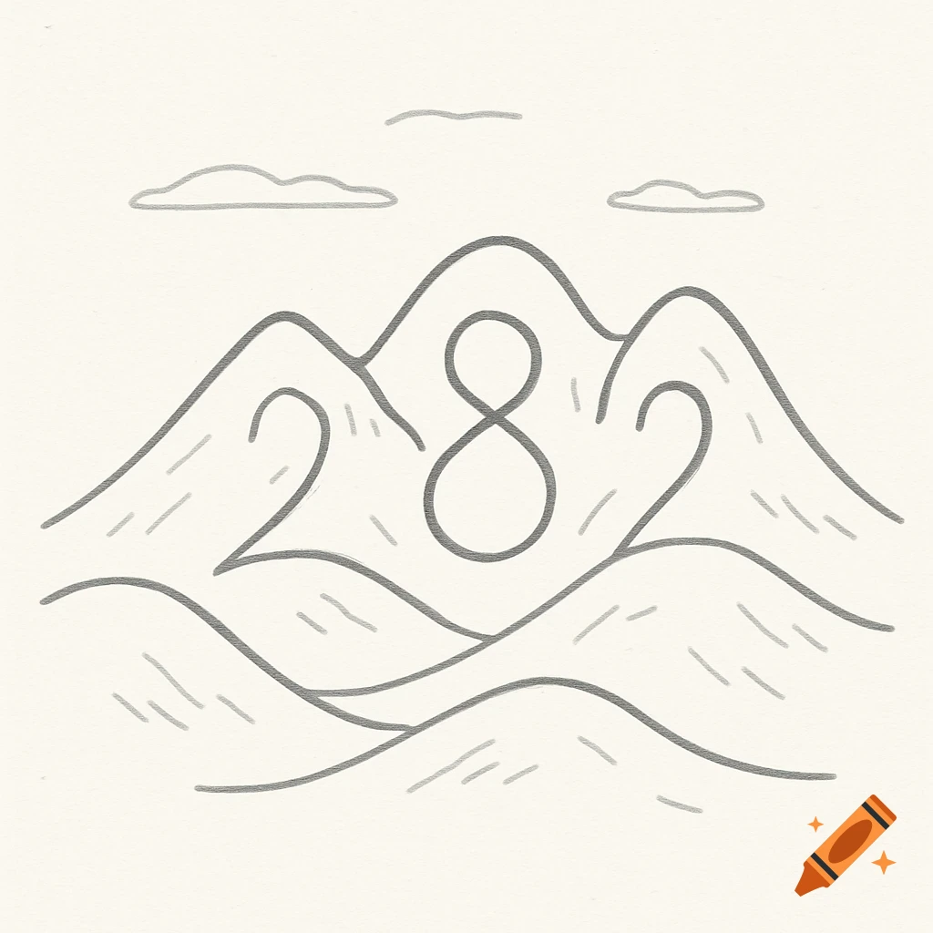 Minimalist hand-drawn illustration of mountains with the number 282 cleverly integrated, against a plain background.
