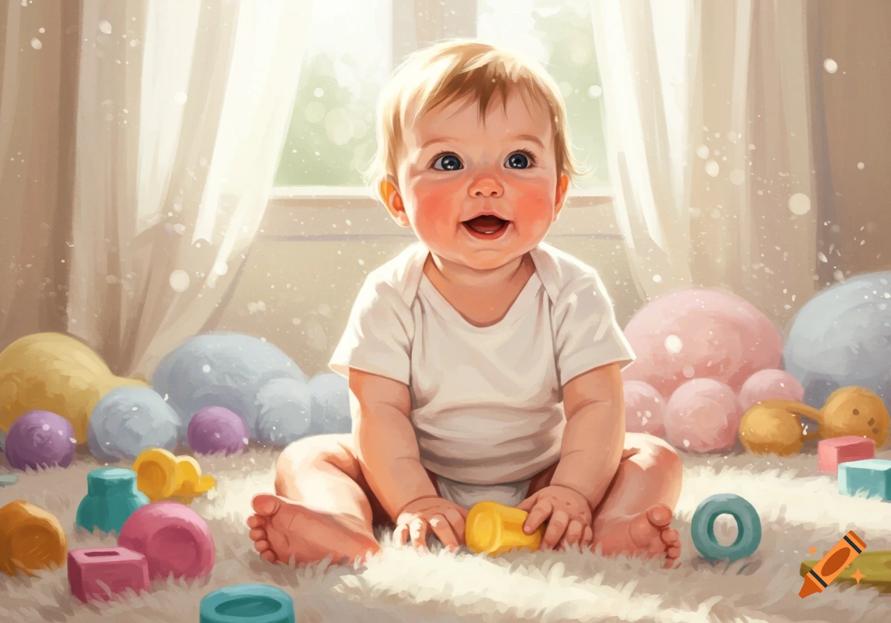 A happy baby sitting on a fluffy rug surrounded by colorful toys, bathed in soft sunlight from a window.