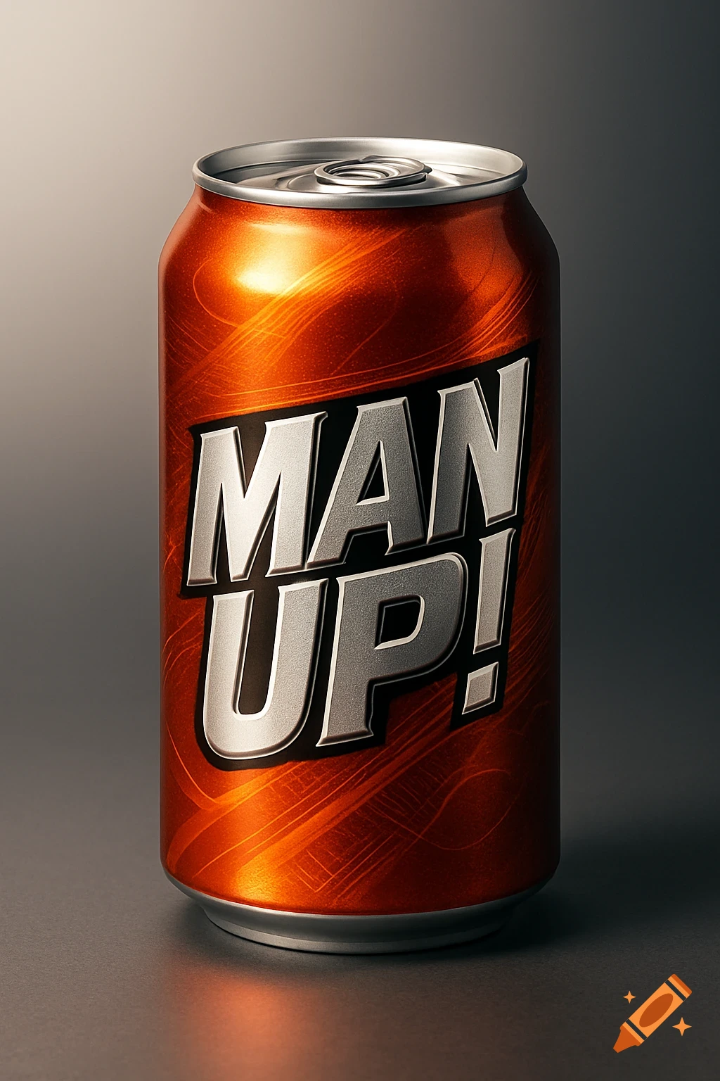A photorealistic image of an orange soda can with the words 'MAN UP!' on its label.