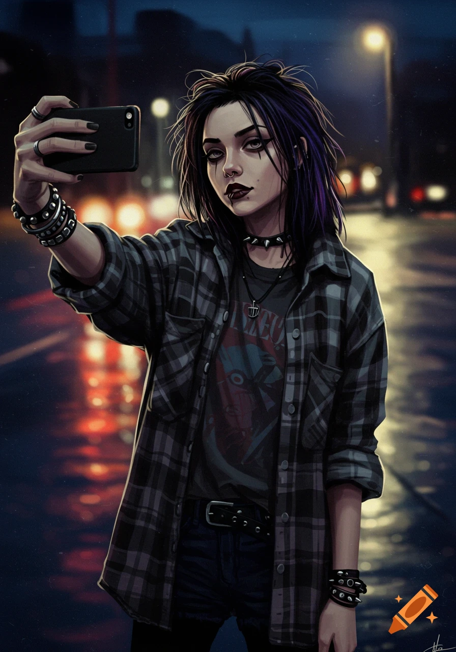 A digital art portrait of a grunge woman with dark hair and heavy makeup taking a selfie at night, wearing a plaid shirt and punk accessories.