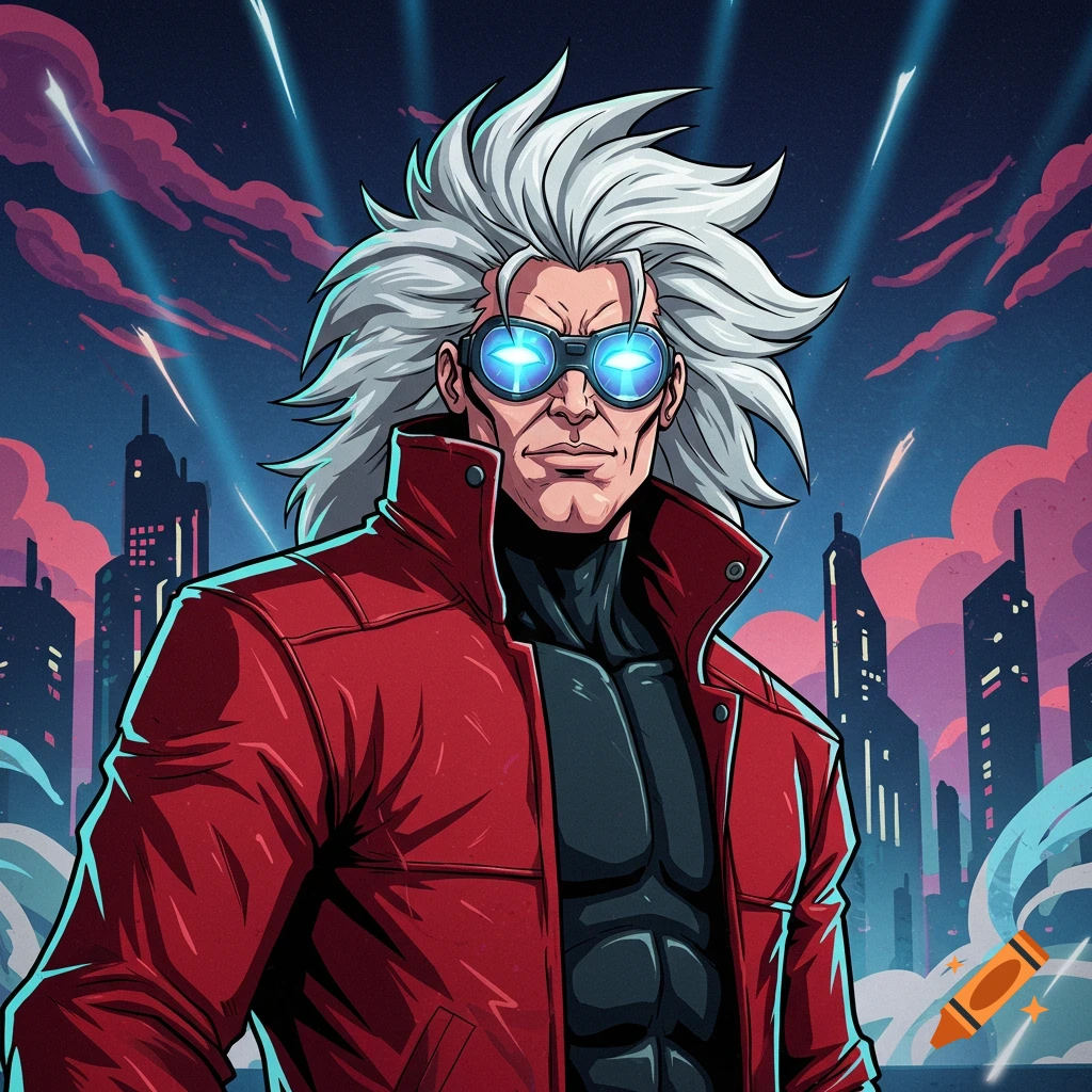 A cartoon male hero with wild white hair, glowing blue goggles, and a red jacket standing in a city at night.