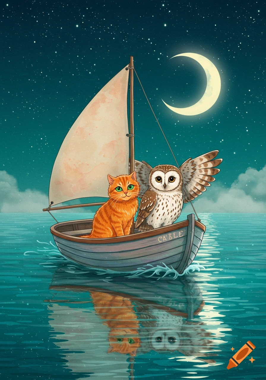 A ginger cat and an owl sail a boat under a starry night sky with a crescent moon in a whimsical illustration.