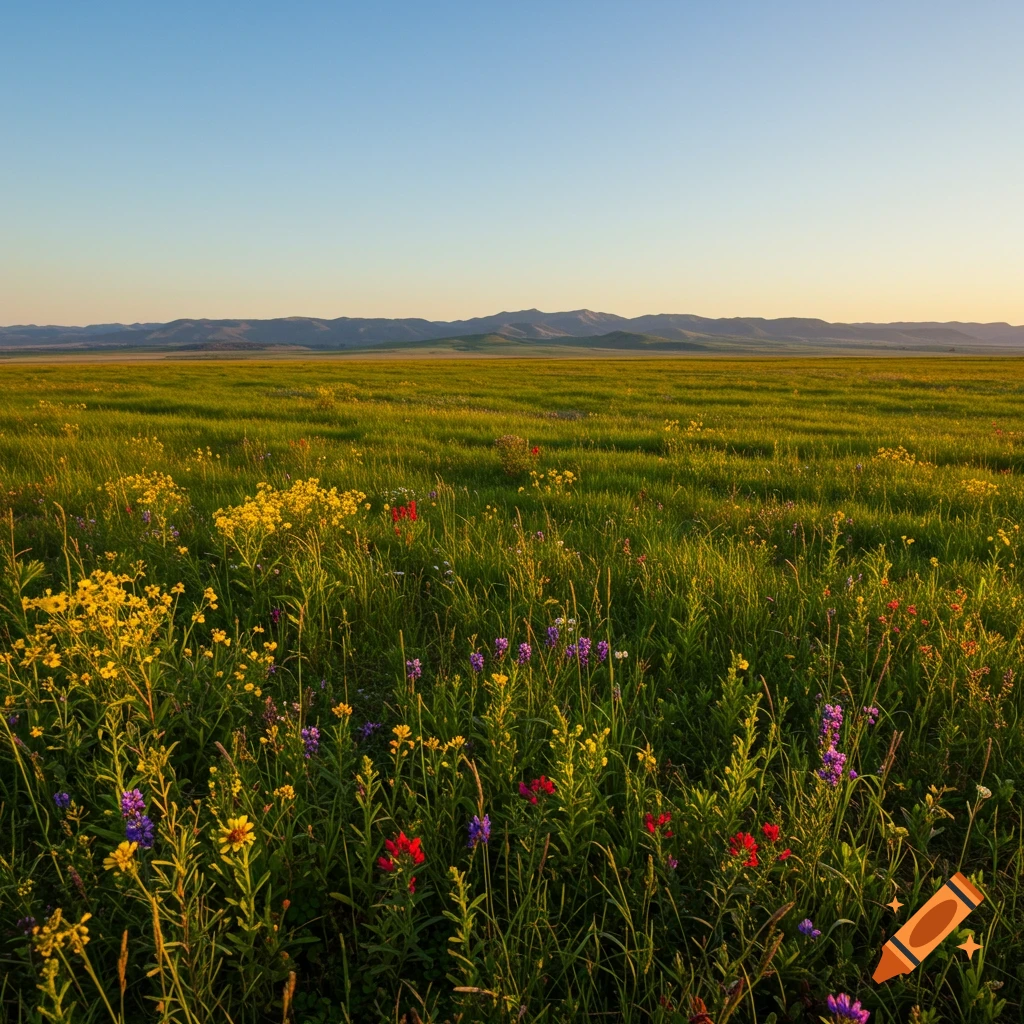 A vast green field of colorful wildflowers under a clear sky with mountains in the distance at sunset.
