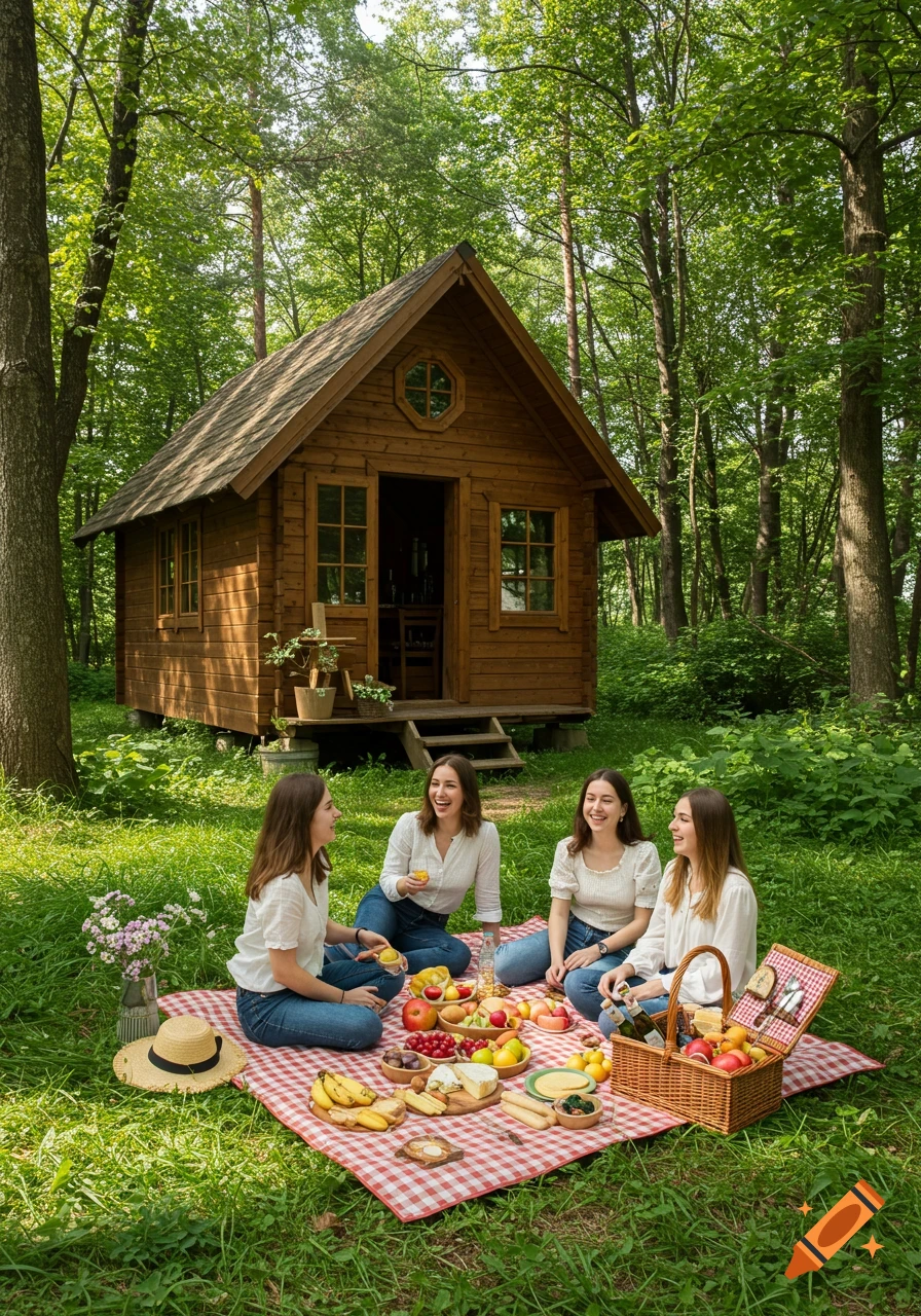 Four young women picnic in front of a wooden cabin in a lush, sun-dappled forest, with a basket of food and drinks.