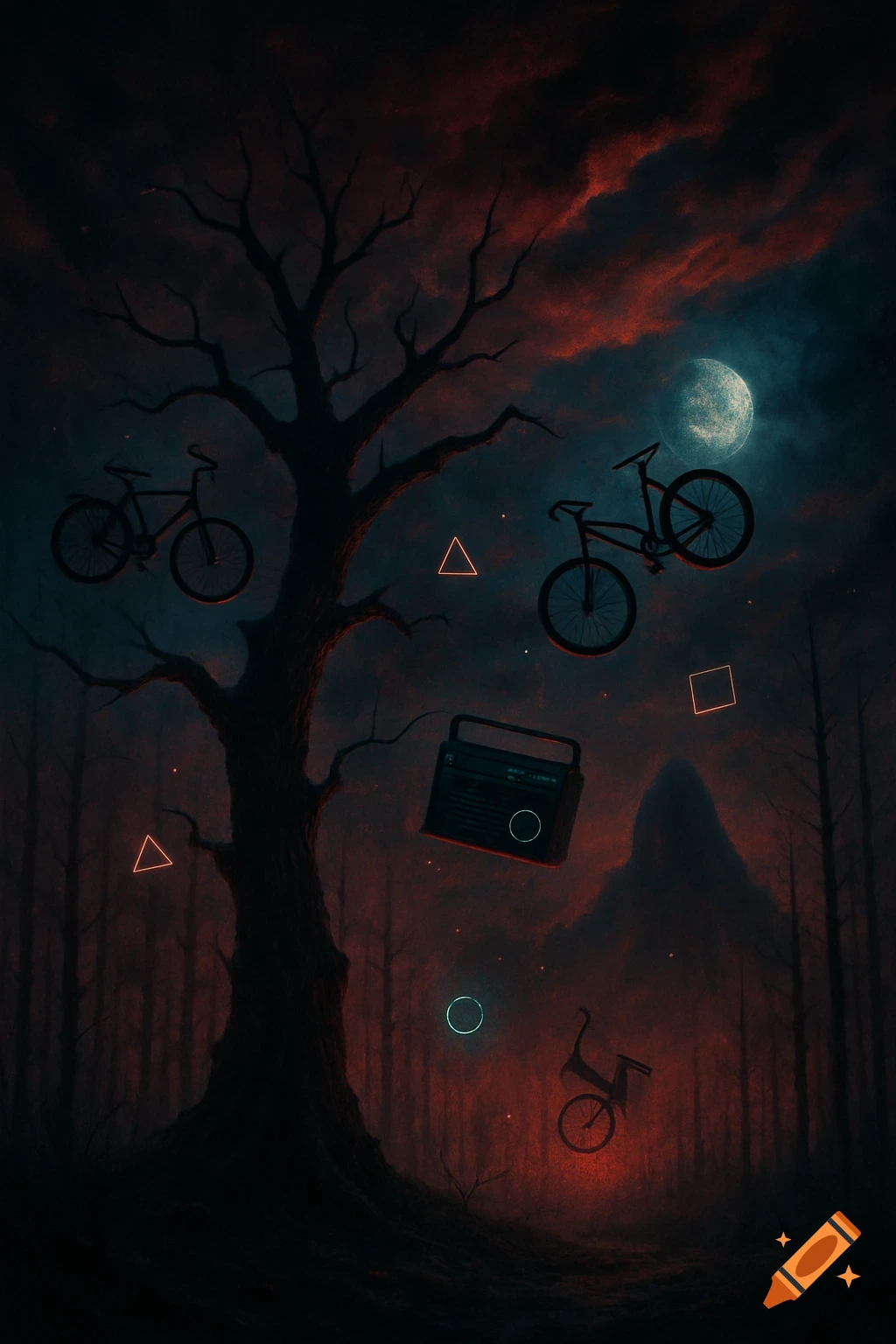 A dark, stylized forest scene at night with a large, bare tree. Floating around the tree are three bicycles, a boombox, and glowing geometric shapes under a blood-red sky with a full moon.