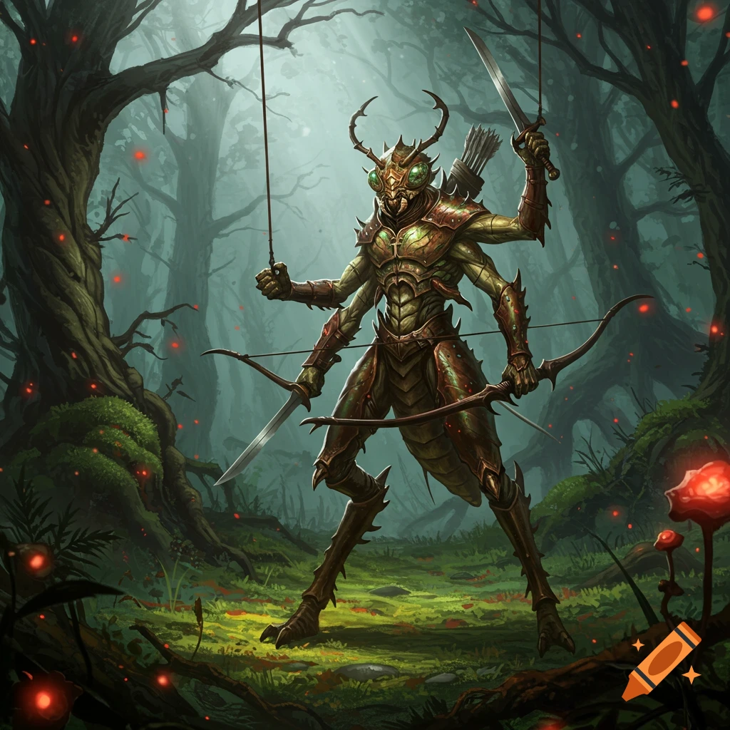 A four-armed insectoid warrior, a Thri-kreen, stands in a mystical forest holding two shortswords and a longbow. Red glowing mushrooms dot the forest floor.