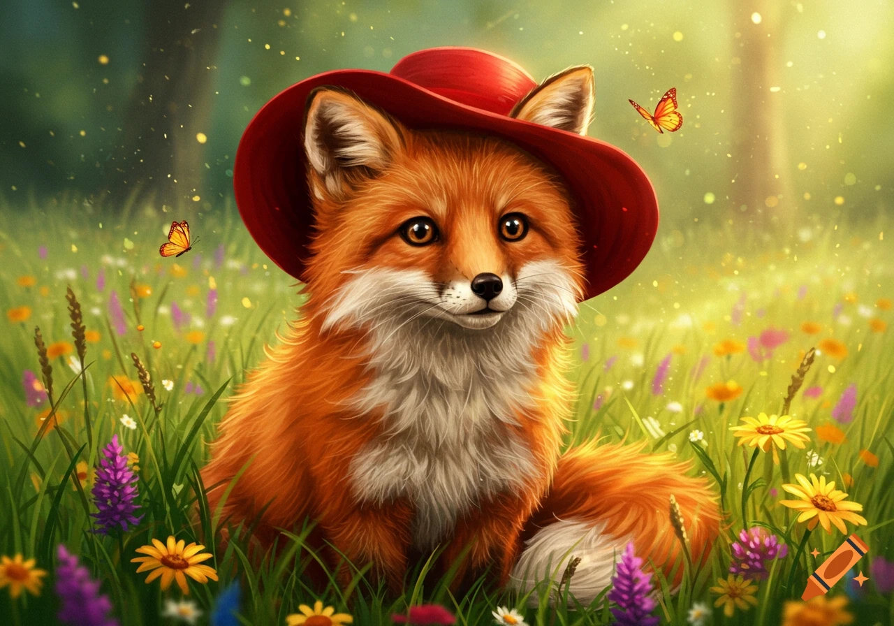 A cute orange fox wearing a red hat sits in a vibrant meadow filled with colorful wildflowers and butterflies under a soft glow.